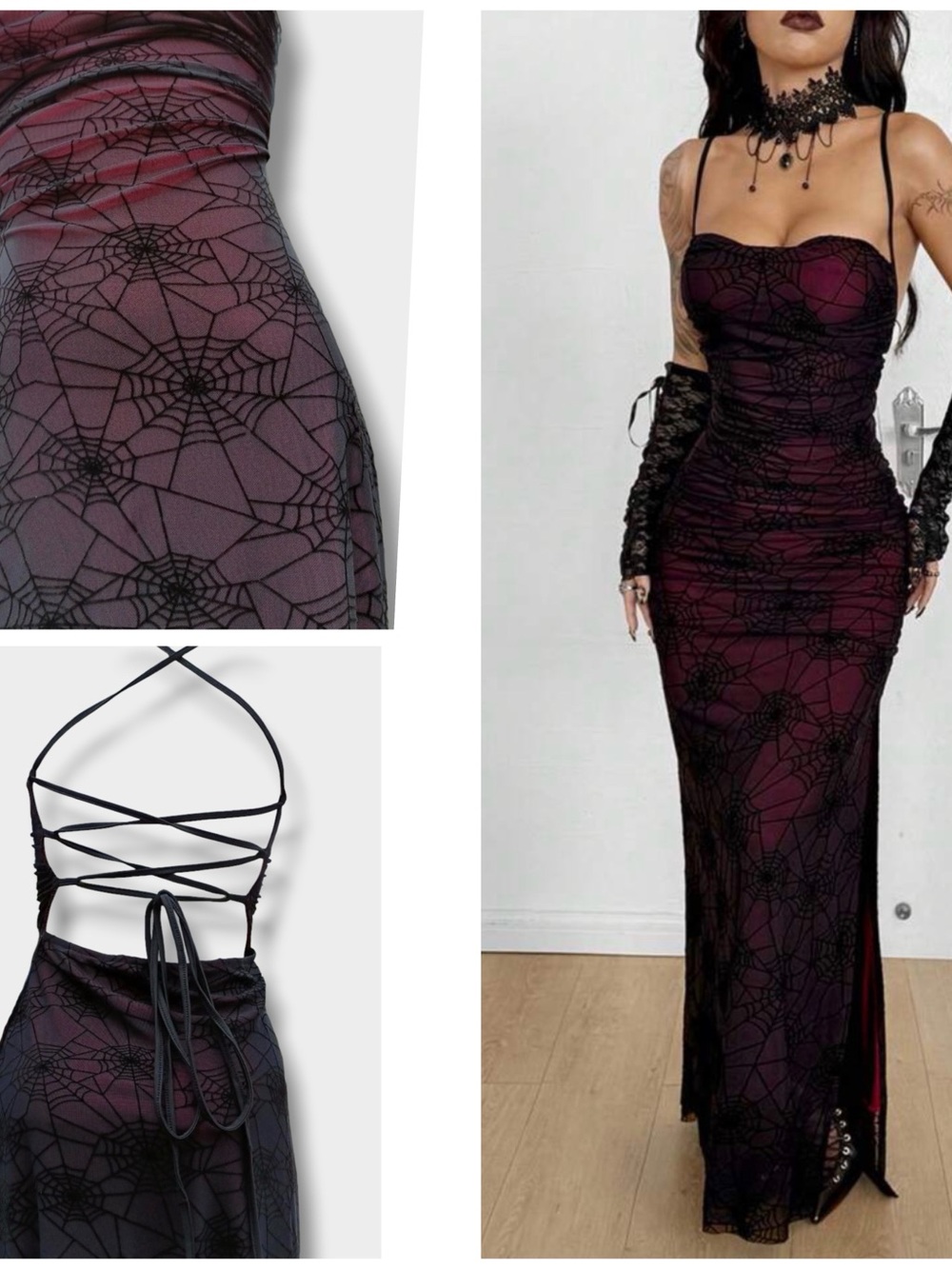 Romantic Goth Strappy Spiderweb Lace Mesh Halter Maxi Dress Red Lining, Small